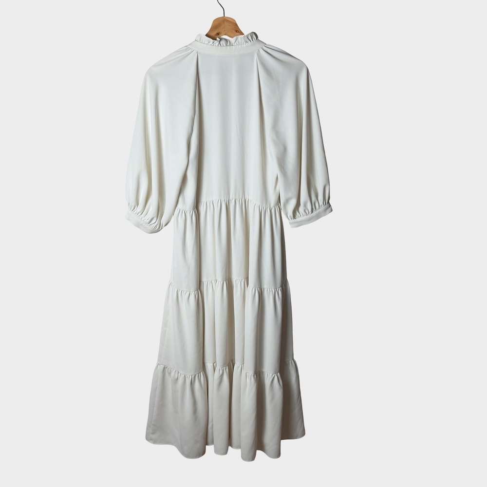 Amanda Uprichard Ivory Tiered Midi Dress Ruffle Neck Size S Coastal Minimalist - Picture 7 of 12